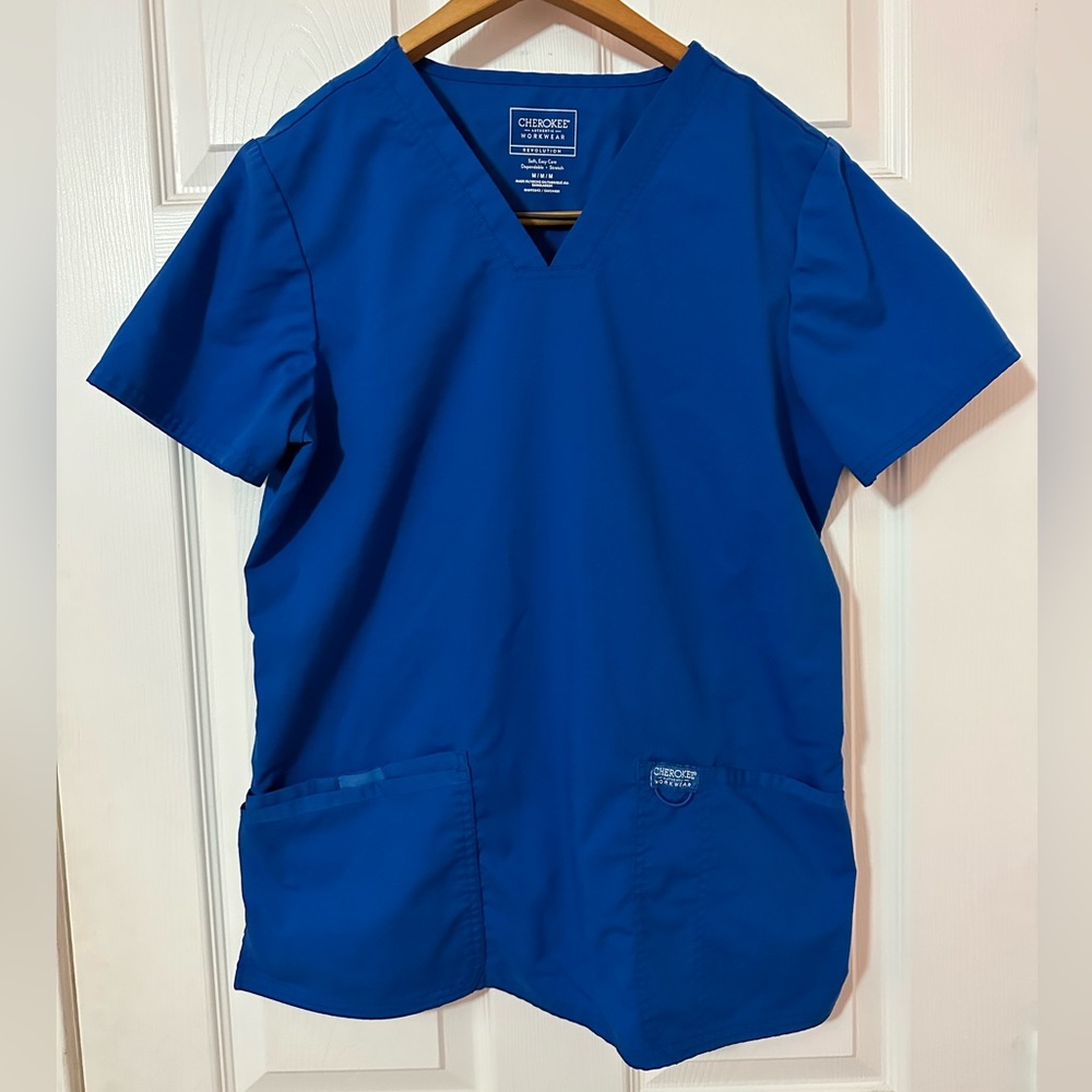 Cherokee Workwear Scrub Set Royal Blue Md top, Sm petite length bottom scrub set